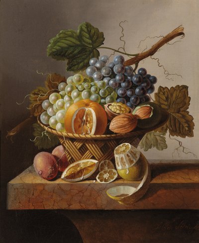 Grapes, an Orange and Walnuts in a Wicker Basket with a Lemon and Plums, All on a Marble Ledge by Johannes Cornelis Bruyn