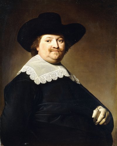 Portrait of a Gentleman, Half-Length, Wearing a Black Costume with a White Lace Collar and a Black Hat by Johannes Cornelisz. Verspronck