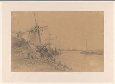 Mills Near Dordrecht Along the River with Ships by Johannes Gijsbert Vogel