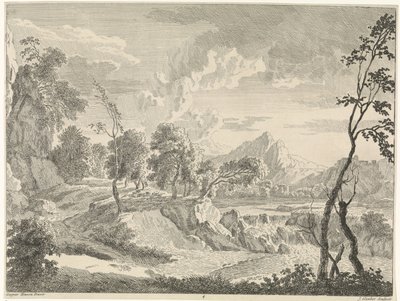 Hilly Landscape with Waterfall by Johannes Glauber