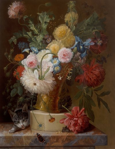 Still Life Of Flowers On A Ledge With A Cat by Johannes Hendrick Fredriks