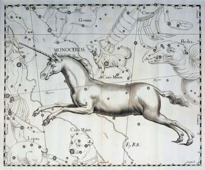 Monoceros, Constellation of Unicorn, Engraving from the Celestial Atlas Firmamentum Sobiescianum sive Uronographia by Johannes Hevelius