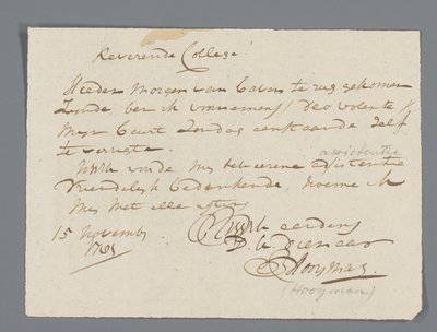 Letter from Rev. Hooyman to Jan Brandes by Johannes Hooyman