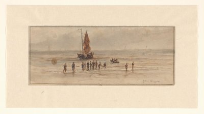 Beach Scene with Fishermen and Sailing Ship by Johannes Huygens (signed by artist)