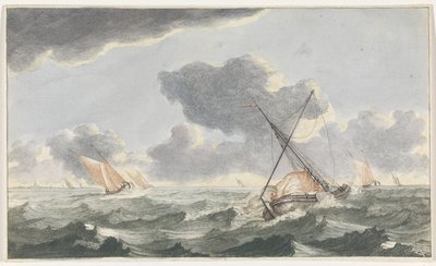 Lowering the Sail (Ships at Sea, Series A) by Johannes Jacobsz van den Aveele (attributed to)