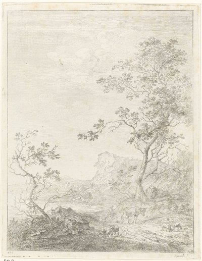 Mountainous Landscape with Shepherd and Cattle on Path by Johannes Janson