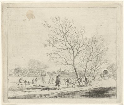 Winter Landscape with Cows and Skaters (series title: The Twelve Months) by Johannes Janson