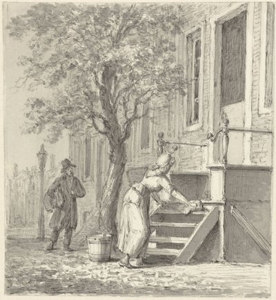 A Maid Cleaning Steps in Front of a House by Johannes Jelgerhuis