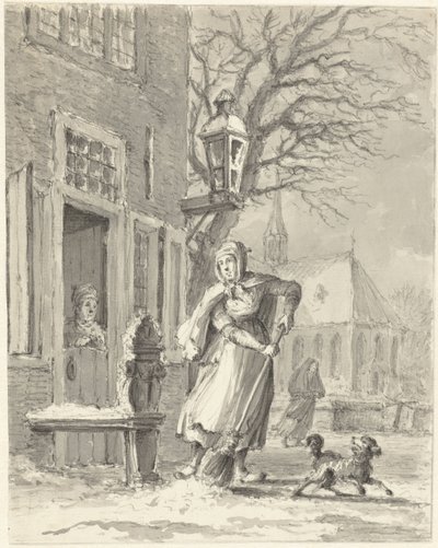 A Maid Clearing Snow in Front of a House by Johannes Jelgerhuis