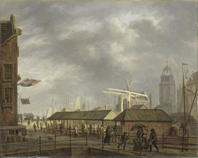 The Small Fish Market on the Corner of the Brouwersgracht and Singel, Amsterdam by Johannes Jelgerhuis