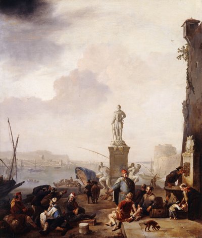 A Mediterranean Seaport with the Monument of Grand-Duke Ferdanindo I of Tuscany at Leghorn by Johannes Lingelbach