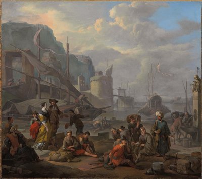 A Mediterranean port with an elegant couple and travellers resting by the quay by Johannes Lingelbach