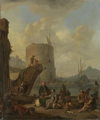 Italian Harbor with a Fortified Tower by Johannes Lingelbach