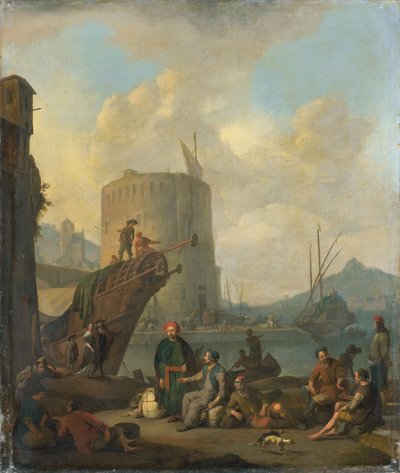 Italian Harbor with a Fortified Tower by Johannes Lingelbach