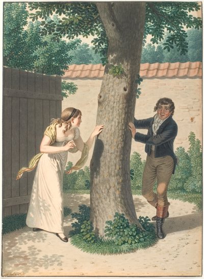 Young Man and Girl Playing Hide and Seek by Johannes Senn