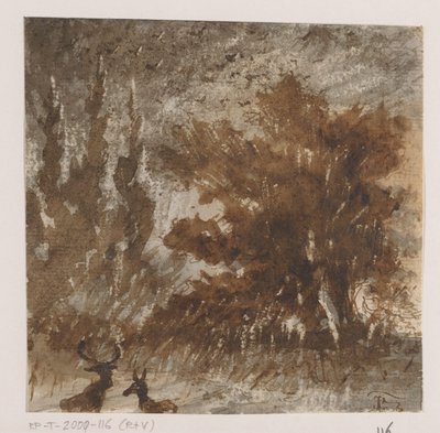 Deer and Birds by Tall Trees by Johannes Tavenraat (signed by artist)