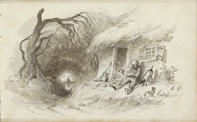 Man Sitting in Front of a House with a Thatched Roof by a Ditch by Johannes Tavenraat