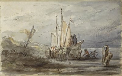 Horse and Cart by a Shore near a Sailing Ship by Johannes Tavenraat