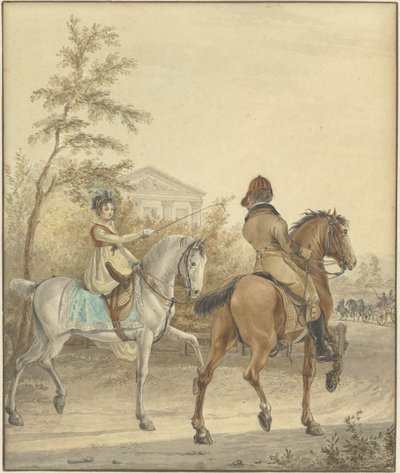 Man and Woman on Horseback on a Country Road by Johannes Vinkeles