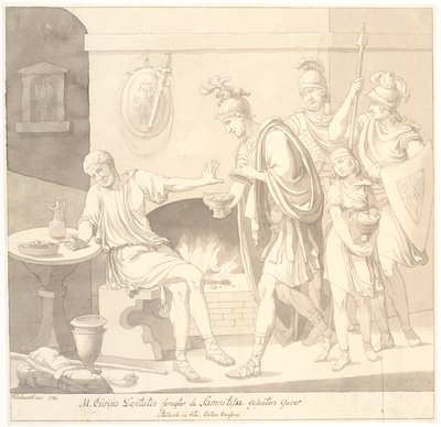 M. Curius Dantatus Scorns the Gifts of the Samnite Envoys. Plutarch: in vita. Cato the Censor. by Johannes Wiedewelt