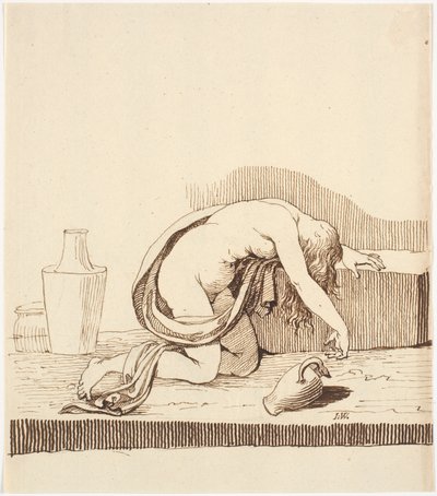 Naked Woman Bent Forward (Drunk) with Empty Wine Jug by Johannes Wiedewelt