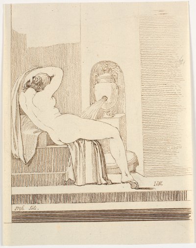 Nude Woman with Garment Seen from Behind, in Front of a Fountain by Johannes Wiedewelt