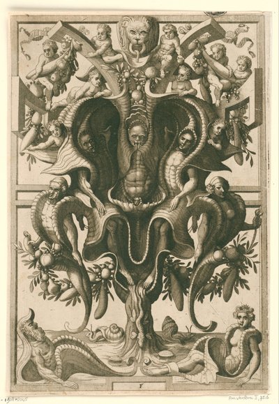 Shell-Like Ornament with Trapped Figures by Johannes of Lucas van Doetechum