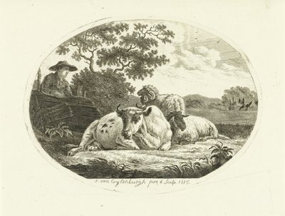 Cow, Sheep, and Ram in Meadow with Farmer Leaning on Fence by Johannes van Cuylenburgh
