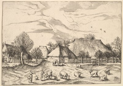 Farms, cattle with herdsmen and milkmaids in the foreground from Multifariarum casularu by Johannes van Doetecum I