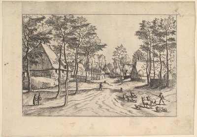 Village Street, cattle, sheep and herdsman in the foreground by Johannes van Doetecum I