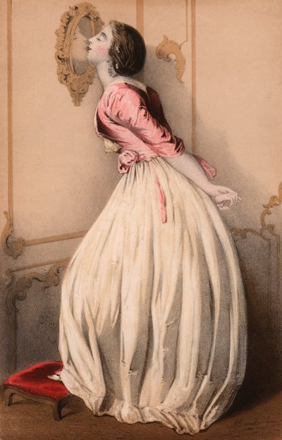 Beautiful girl kissing her reflection in the mirror by John (after) Brandard