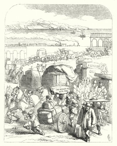 Ships and trains bringing visitors to the Great Exhibition of 1851, Crystal Palace, Hyde Park, London by John (after) Gilbert
