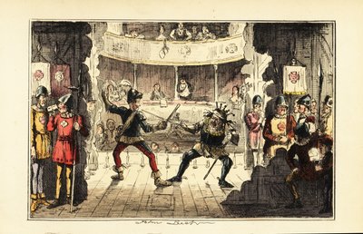 Actors Playing Henry Tudor Fighting King Richard III of England on Stage in a Theatre by John (after) Leech