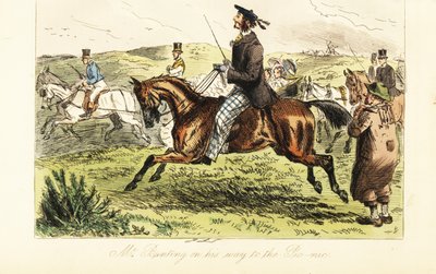 English gentleman with whiskers in tam o’shanter cap riding a horse on his way to a picnic in the country by John (after) Leech