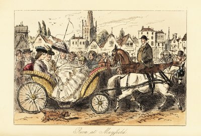 English lady in crinoline dress with parasol driving a pony-drawn basket-carriage through the busy streets of a small town by John (after) Leech