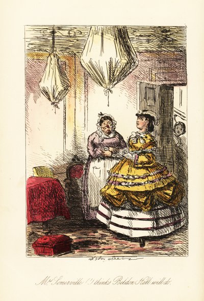 English Lady Surveying a Fancy Room with Covered Furniture and Chandeliers in Brown-holland Balloons by John (after) Leech