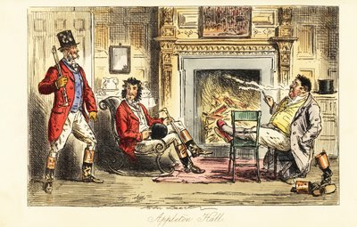 Fox hunters relaxing before a fire in a grand mansion after a hunt by John (after) Leech
