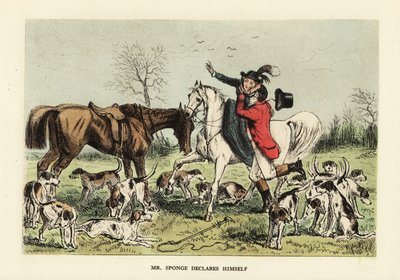 Huntsman in hunting pinks embracing a woman on a horse by John (after) Leech