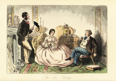 Lady in Crinoline Dress with Two Gentlemen Callers in a Parlour by John (after) Leech