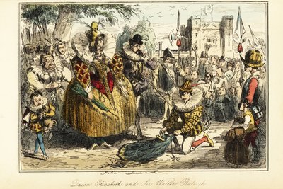 Sir Walter Raleigh laying his cape over a puddle for Queen Elizabeth I at Greenwich by John (after) Leech