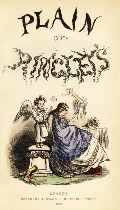 Title page with calligraphic title and vignette of winged cherub hairdresser brushing a girl