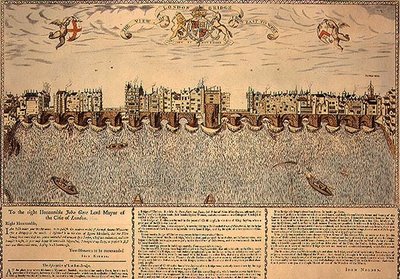 The View of London Bridge from East to West, reprint of a 1624 engraving by John (after) Norden