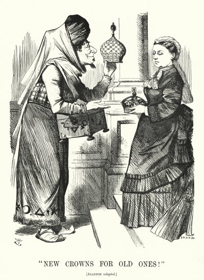 Punch cartoon: New Crowns for Old Ones. Benjamin Disraeli (as Aladdin) with Queen Victoria - the Royal Titles Act 1876 recognising the Queen as Empress of India (engraving) by John (after) Tenniel