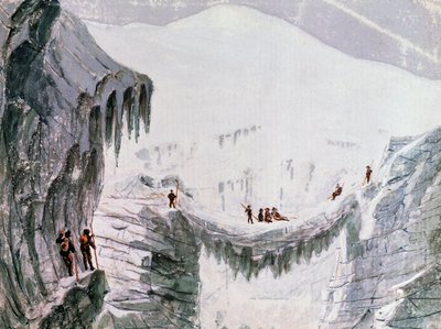 Climbing Mont Blanc, climbers suspended from crevasse by Walter Charles Mills