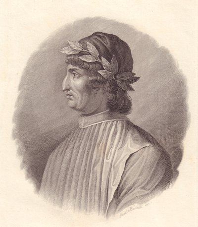 Portrait of Italian poet and humanist Angelo Ambrogini also known as Poliziano, copper engraving by G Bonatti by Walter Charles Mills