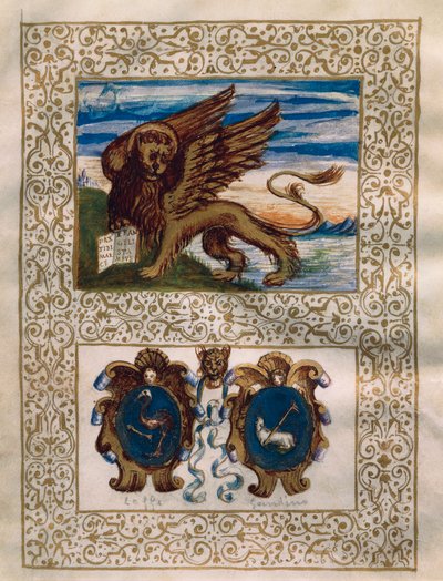 The winged lion of Venice and the Leffe and Gandino coats of arms, miniature from the Privilegio della Serenissima alla Val Gandino by Walter Charles Mills