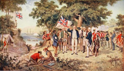 Captain Cook taking possession of New South Wales, 1770, illustration from 