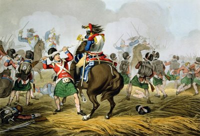 French Cuirassiers at the Battle of Waterloo, Charged and Defeated by the Highlanders and Scots Greys, Engraved by Matthew Dubourg from 