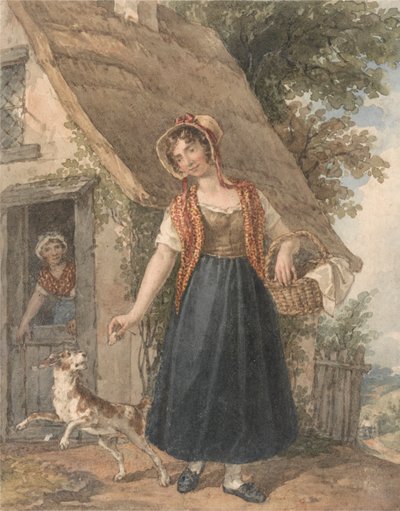 Young Woman with Dog Outside a Cottage Doorway by John Augustus Atkinson