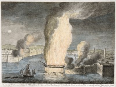 The Burning of the American Frigate the Philadelphia in the Harbour of Tripoli, 1805 (hand-coloured line engraving on laid paper) by John B. Guerazzi